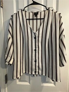 Worthington White Blouse with Black and Brown Stripes